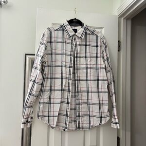 American Eagle Outfitters White Plaid Button-Down Shirt with Black & Red Lines